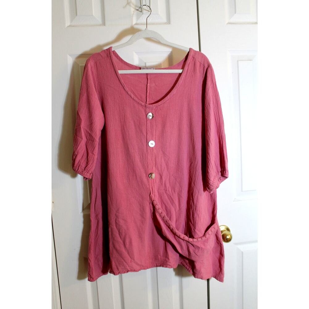 Cottonways Pink Crinkle Cotton Lagenlook Tunic Top sz 1